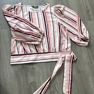 Pink Long Sleeve Tie Front Blouse